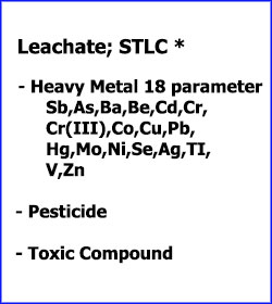 Leachate: STLC Heavy Metal 18 parameter Sb,As,Ba,Be,Cd,Cr,Cr(III),Cr(VI),Co,Cu,Pb,Hg,Mo,Ni,Se,Ag,TI,V,Zn; - Pesticide; - Toxic Compound