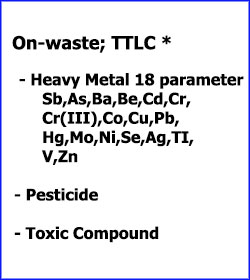 On-waste: TTLC Heavy Metal 18 parameter Sb,As,Ba,Be,Cd,Cr,Cr(III),Cr(VI),Co,Cu,Pb,Hg,Mo,Ni,Se,Ag,TI,V,Zn; - Pesticide; - Toxic Compound